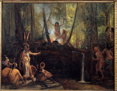 La fabrication du curare dans la forêt brésilienne. Extraction du curare, une substance tirée des lianes des arbres amazoniens provoquant la paralysie. Peinture de François Auguste Biard (1799-1882) XIXe siècle La Rochelle, Musée du Nouveau Monde - François Auguste Biard