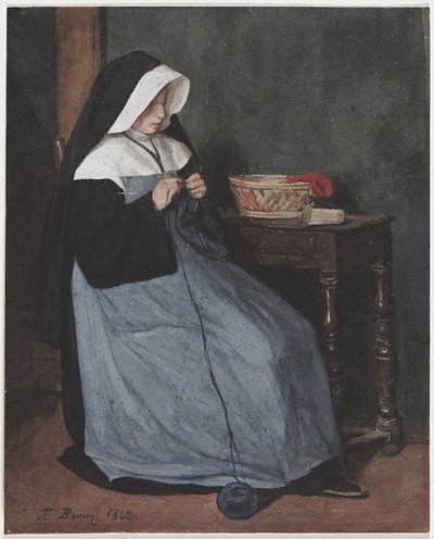 Une nonne assise à une table en train de tricoter - François Bonvin