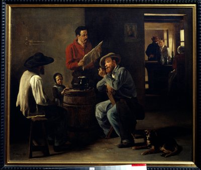 Intérieur de cabaret Deux hommes assis dans une taverne écoutent la lecture du journal - François Bonvin