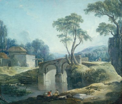 Paysage boisé avec un pont sur une rivière - François Boucher