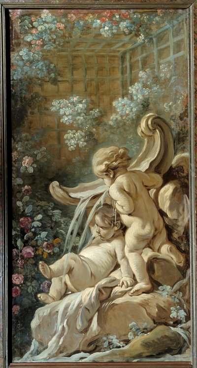 Panneau de porte du salon Demarteau : fontaine avec deux amours, dont l