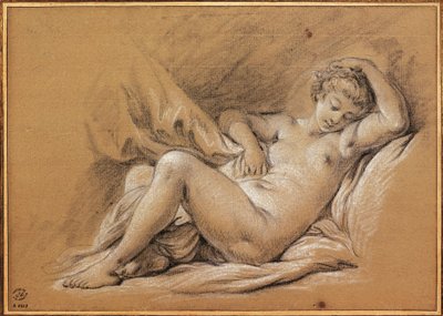 France, chinoiseries, dessin de femme nue sur un lit - François Boucher