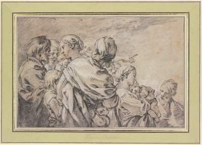 Groupe de statues en demi-figure représentant des hommes et des femmes accompagnés d
