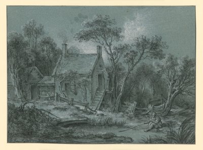 Une maison avec un escalier au milieu des arbres, devant laquelle se trouve un pêcheur - François Boucher