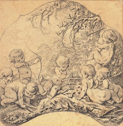 Putti dans un paysage tirant des flèches et ouvrant une cage, un trophée de chasse au premier plan - François Boucher