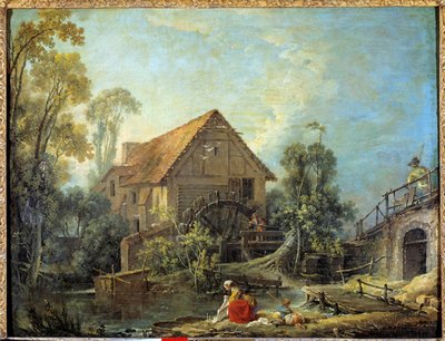 Le moulin. Une femme lave le linge dans le ruisseau près d
