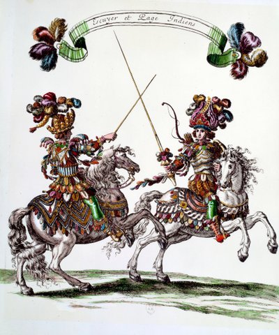 Écuyer indien et page lors du carrousel donné par le roi Louis XIV (1638-1715) en 1662 aux Tuileries pour célébrer la naissance du Dauphin. Gravure de François Chauveau (1613-1676) 17ème siècle Collection privée - Francois Chauveau