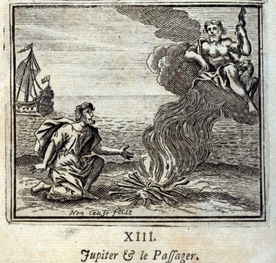 Jupiter et le passager. Fables de Jean de La Fontaine (1621-95). Illustration de François Chauveau (1613-1676). Édition de 1728. - Francois Chauveau