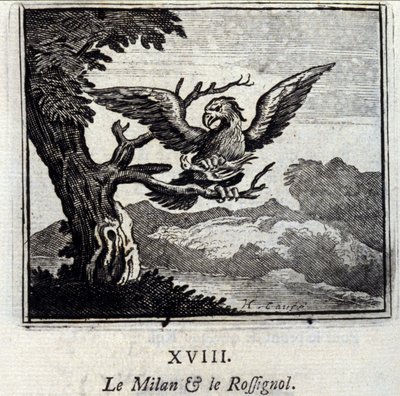 Le milan et le rossignol. Fables de Jean de La Fontaine (1621-95). Illustration de François Chauveau (1613-1676). Édition de 1728. - Francois Chauveau