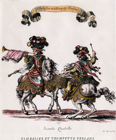 Timbalier et trompette persans lors du carrousel donné par le roi Louis XIV. Gravure de François Chauveau - Francois Chauveau
