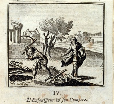 Le brûleur et son compère. Fables de Jean de La Fontaine (1621-95). Illustration par François Chauveau (1613-1676). Édition de 1728. - Francois Chauveau