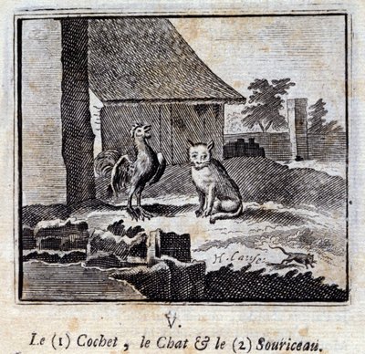 Le Coq, le Chat et la Souris. Fables de Jean de La Fontaine (1621-95). Illustration de François Chauveau (1613-1676). Édition de 1728. - Francois Chauveau