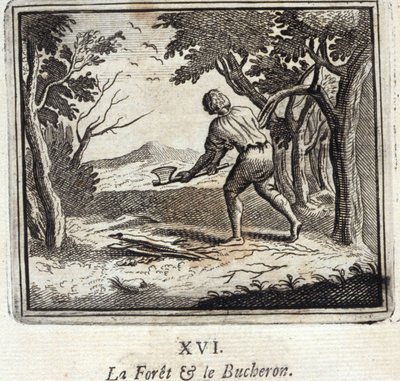La forêt et le bûcheron. Fables de Jean de La Fontaine (1621-95). Illustration de François Chauveau (1613-1676). Édition de 1728. - Francois Chauveau