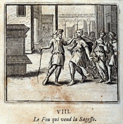 Le fou qui vend la sagesse. Fables de Jean de La Fontaine (1621-95). Illustration de François Chauveau (1613-1676). Édition de 1728. - Francois Chauveau