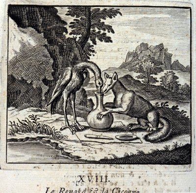 Le renard et la cigogne. Fables de Jean de La Fontaine (1621-95). Illustration par François Chauveau (1613-1676). Édition de 1728. - Francois Chauveau