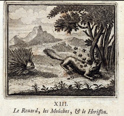 Le renard, les mouches et le hérisson. Fables de Jean de La Fontaine (1621-95). Illustration de François Chauveau (1613-1676). Édition de 1728. - Francois Chauveau