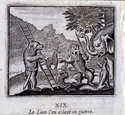 Le lion partant en guerre. Fables de Jean de La Fontaine (1621-95). Illustration par François Chauveau (1613-1676). Édition de 1728. - Francois Chauveau
