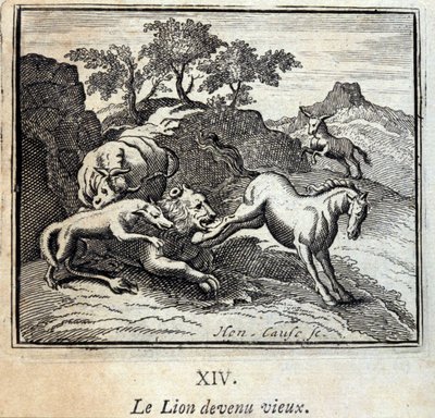 Le lion devenu vieux. Fables de Jean de La Fontaine (1621-95). Illustration de François Chauveau (1613-1676). Édition de 1728. - Francois Chauveau