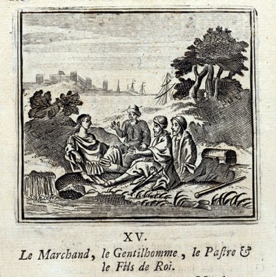 Le marchand, le gentilhomme, le patra et le fils du roi. Fables de Jean de La Fontaine (1621-95). Illustration de François Chauveau (1613-1676). Édition de 1728. - Francois Chauveau