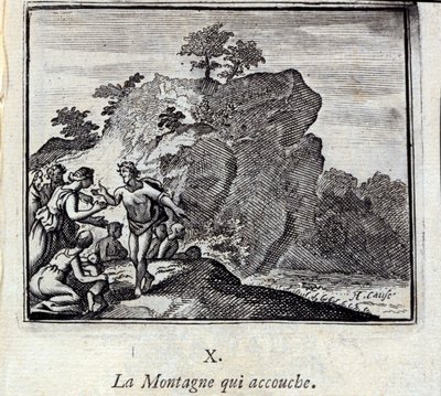 La montagne qui accouche. Fables de Jean de La Fontaine (1621-95). Illustration de François Chauveau (1613-1676). Édition de 1728. - Francois Chauveau