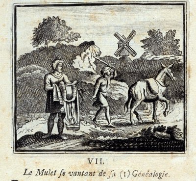 Le Mulet se vantant de sa généalogie. Fables de Jean de La Fontaine (1621-95). Illustration de François Chauveau (1613-1676). Édition de 1728. - Francois Chauveau