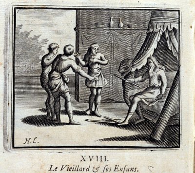 Le vieil homme et ses enfants. Fables de Jean de La Fontaine (1621-95). Illustration de François Chauveau (1613-1676). Édition de 1728. - Francois Chauveau