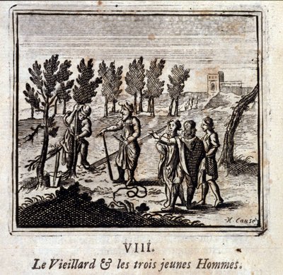 Le vieil homme et les trois jeunes hommes. Fables de Jean de La Fontaine (1621-95). Illustration de François Chauveau (1613-1676). Édition de 1728. - Francois Chauveau
