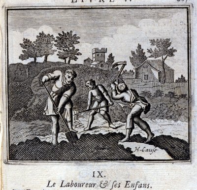 Le pleureur et ses enfants. Fables de Jean de La Fontaine (1621-95). Illustration de François Chauveau (1613-1676). Édition de 1728. - Francois Chauveau