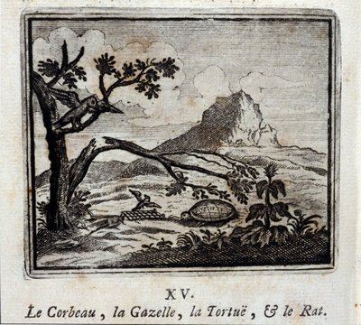 Le Corbeau, la Gazelle, la Tortue et le Rat. Fables de Jean de La Fontaine (1621-95). Illustration de François Chauveau (1613-1676). Édition de 1728. - Francois Chauveau