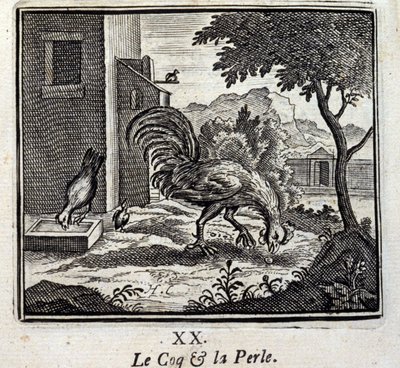 Le coq et la perle. Fables de Jean de La Fontaine (1621-95). Illustration par François Chauveau (1613-1676). Édition de 1728. - Francois Chauveau
