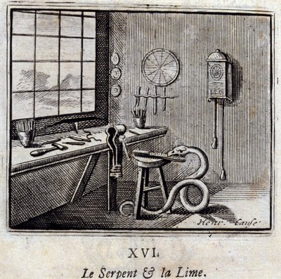 Le serpent et le tilleul. Fables de Jean de La Fontaine (1621-95). Illustration par François Chauveau (1613-1676). Édition de 1728. - Francois Chauveau