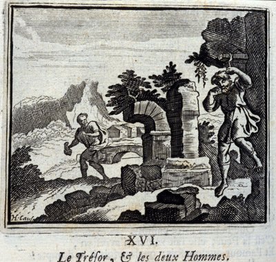Le trésor et les deux hommes. Fables de Jean de La Fontaine (1621-95). Illustration par François Chauveau (1613-1676). Édition de 1728. - Francois Chauveau