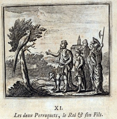 Les deux perroquets, le roi et son fils. Fables de Jean de La Fontaine (1621-95). Illustration de François Chauveau (1613-1676). Édition de 1728. - Francois Chauveau