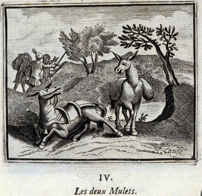 Les deux mulets. Fables de Jean de La Fontaine (1621-95). Illustration de François Chauveau (1613-1676). Édition de 1728. - Francois Chauveau