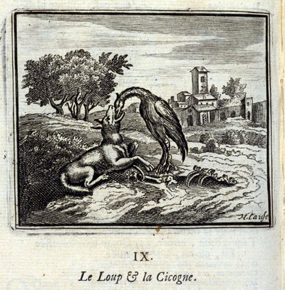 Le loup et la cigogne. Fables de Jean de La Fontaine (1621-95). Illustration de François Chauveau (1613-1676). Édition de 1728. - Francois Chauveau