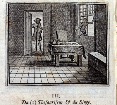 Le thésauriseur et le singe. Fables de Jean de La Fontaine (1621-95). Illustration de François Chauveau (1613-1676). Édition de 1728. - Francois Chauveau