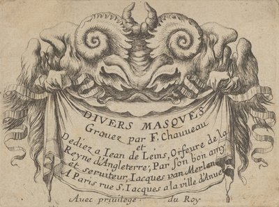 Planche de titre avec deux têtes de satyre, de Divers Masques - Francois Chauveau
