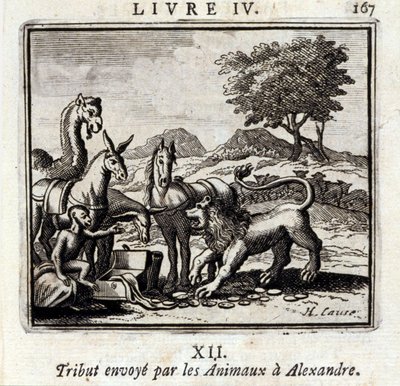 Tribut envoyé par les animaux à Alexandre. Fables de Jean de La Fontaine (1621-95). Illustration de François Chauveau (1613-1676). Édition de 1728. - Francois Chauveau