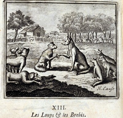 Les loups et les brebis. Fables de Jean de La Fontaine (1621-95). Illustration de François Chauveau (1613-1676). Édition de 1728. - Francois Chauveau