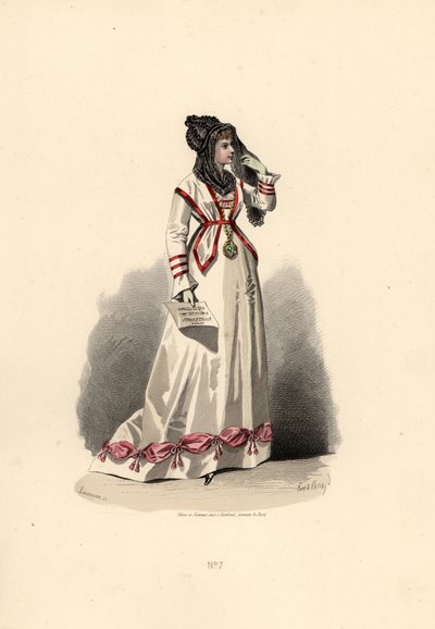 Femme en robe blanche ornée de bouffants roses - Francois Claudius (after) Compte Calix