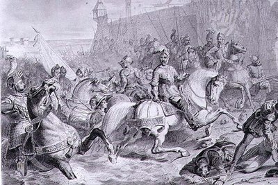La prise de Calais par François, 2e duc de Guise (1519-63) en 1558, gravée par Amédée Félix Barthélemy Geillée - Francois Edouard (after) Picot