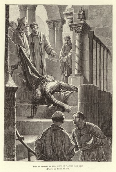 Mort de Charles le Bon, Comte de Flandre. Assassinat de Charles le Bon, Comte de Flandre, à Bruges - Francois Edouard (after) Zier