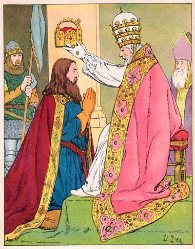 Charlemagne (742-814) couronné par le pape Léon III (c750-816) à la basilique Saint-Pierre de Rome le 25 décembre 800 - Sacre (Couronnement) de Charlemagne (742-814) en 800 par le pape Léon III - Illustration de François Zier (1856-1924) tirée de "Nos-Glor - Francois Edouard Zier