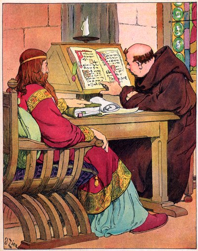 Le roi des Francs Charlemagne (742-814) parlant à Alcuin (731-804), moine anglais de York, précurseur de la réforme de l