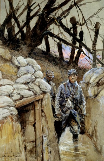 Première Guerre mondiale : Un soldat de corvée de soupe dans la tranchée Notre-Dame-de-Lorette 28/06/1915 - Francois Flameng