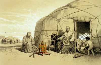 Kalmouks avec une roue de prière, Sibérie, illustration de 