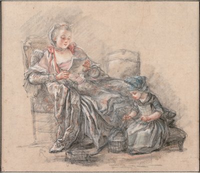Femme lisant et une fille jouant Marquise de Pompadour avec sa fille Alexandrine, vers 1748 - Francois Guérin