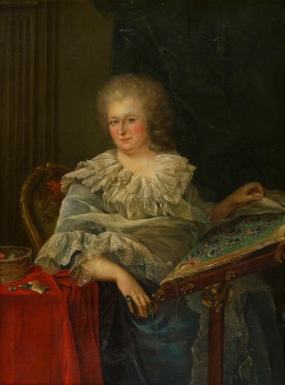 Portrait de la vicomtesse Torrington assise à sa broderie, vers 1747-75 - Francois Hubert (follower of) Drouais