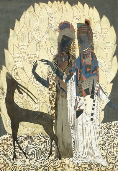 Deux femmes stylisées avec une antilope parmi les feuillages, vers 1928 - Francois Louis (after) Schmied