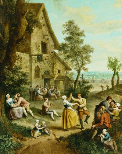 Paysans dansant et festoyant devant une taverne, une ville fortifiée au-delà - Francois Louis Joseph Watteau